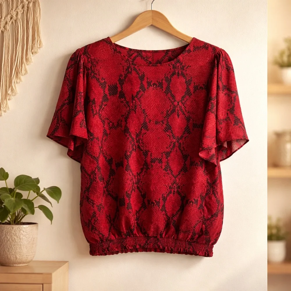 Banana Republic Red Snake-Print V-Neck Flutter Sleeve Blouse - Picture 3 of 7